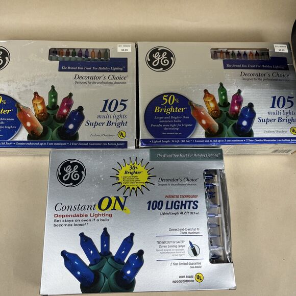 3 VTG 2005 GE Mini Christmas String Light Set-105 Lights 34.6’, 100 Lights 41.2 - Picture 1 of 11